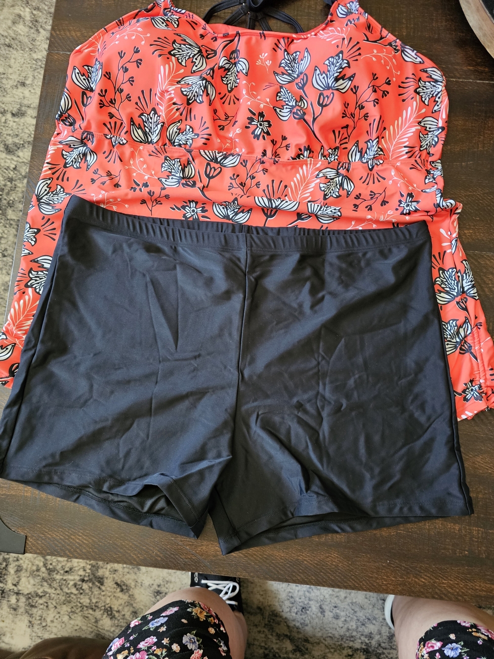 Younique Red Floral Tankini Top with Black Swim Shorts Set - Picture 2 of 12